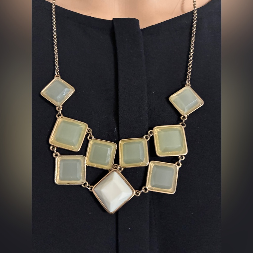 Vintage sage, green and gold tone statement bib necklace. Magnetic enclosure.